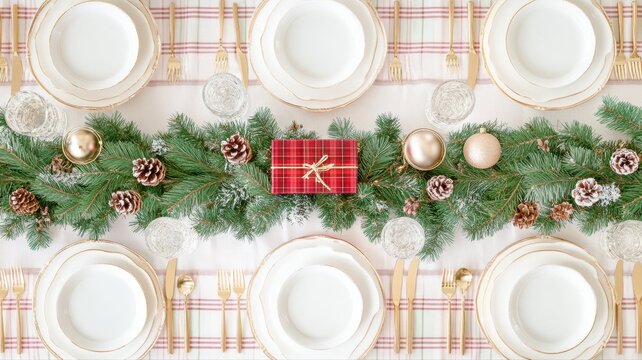Festive Christmas table setting with elegant gold cutlery and decorations