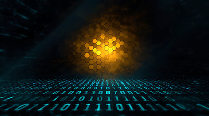 Abstract binary code background with glowing hexagons shining a bright light data stream concept