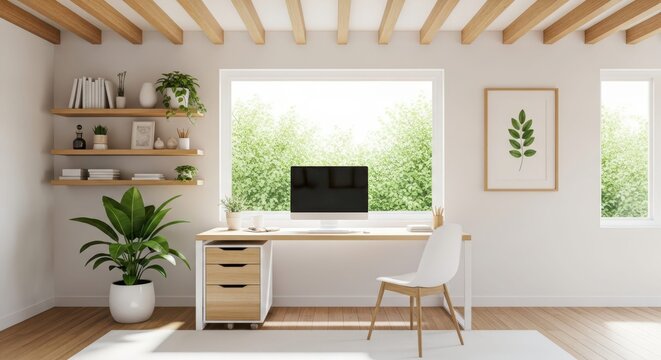Modern home office interior with desk, chair, and large window