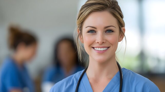 A professional and friendly nurse wearing blue scrubs smiles confidently with a stethoscope around her neck in a medical setting