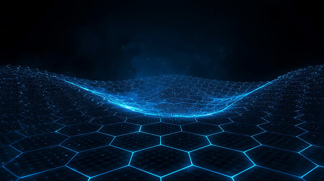 Abstract Blue Hexagonal Mesh Network Technology Background with Connection Lines and Data Flow