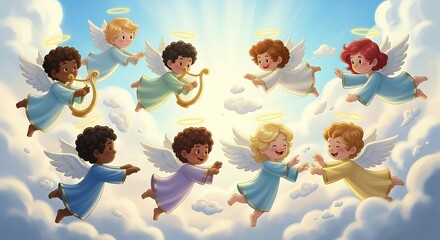 Cute Cartoon Angels Flying in Bright Sky with Clouds and Sunlight