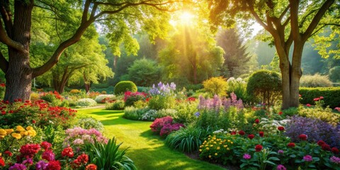 Fototapeta premium Vibrant flowers and lush greenery in a serene outdoor garden setting with sunlight filtering through trees