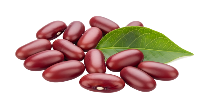 Heap of red kidney beans with a green leaf, isolated on transparent background