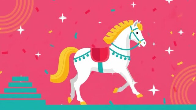 Animated Magical White Horse Prancing on a Festive Pink Background.