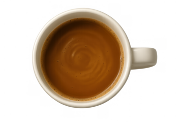 Hot coffee mug, top view, pouring espresso drink, energy beverage, morning caffeine, isolated with transparent background