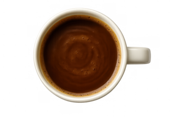 Coffee cup top view with frothy hot drink. Dark brown espresso or hot chocolate beverage on transparent background