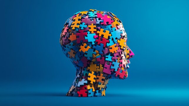 A vibrant puzzle head symbolizes creativity and the complexity of thoughts. Each piece represents uniqueness and connection. Embrace the art of imagination. Generative AI