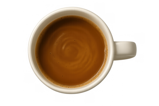 Hot coffee mug, top view, pouring espresso drink, energy beverage, morning caffeine, isolated with transparent background