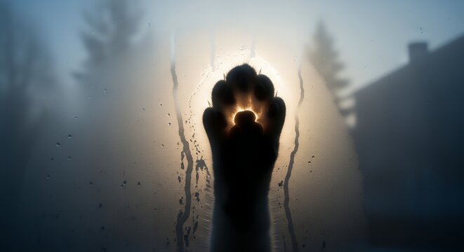 Child Hand Touching Foggy Window with Sunlight and Silhouettes of Trees in Background