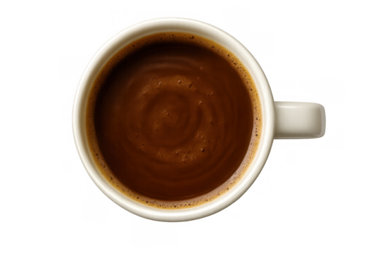 Coffee cup top view with frothy hot drink. Dark brown espresso or hot chocolate beverage on transparent background