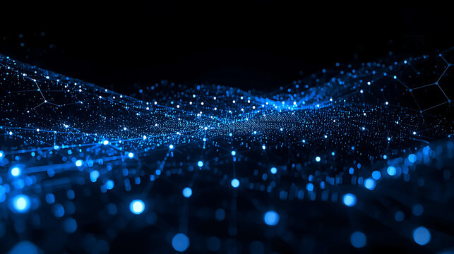 Abstract digital blue wave with glowing particles and connected lines for data communication