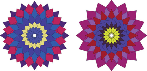 Colorful geometric mandala vector art with symmetrical polygonal flower shapes, abstract layered design, and vibrant modern color palette — ideal for digital decoration, prints, and background art.