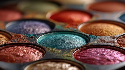 Close-up of a colorful, shimmery makeup palette with many vibrant eyeshadows