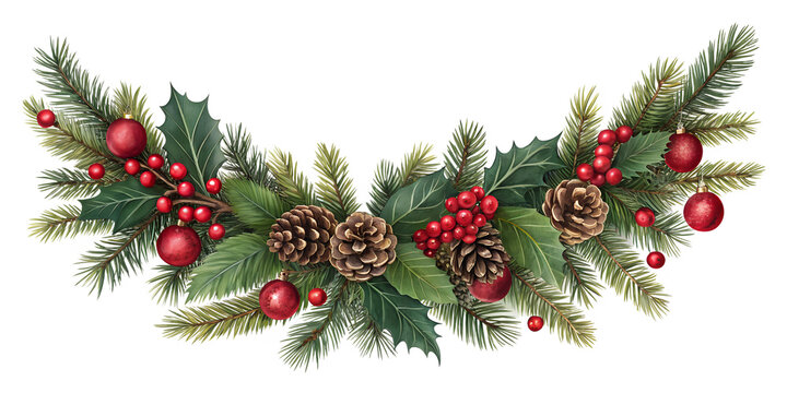 A classic Christmas garland featuring lush green pine branches, bright red holly berries, textured pine cones, and shiny red ornaments creates a festive border.
