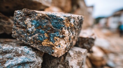 Fototapeta premium Close-up of a rough, multi-hued mineral rock with blue, gold, and brown textures