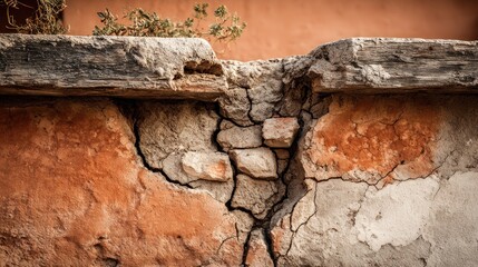 Fototapeta premium Close-up of a severely cracked, weathered old wall with exposed bricks and dry plant life