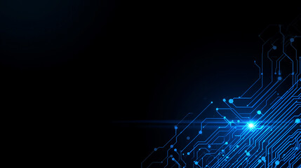 Abstract futuristic circuit board illustration with blue light on dark background concept design