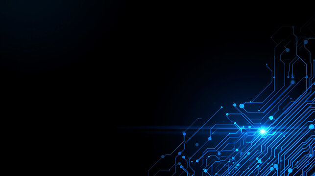Abstract futuristic circuit board illustration with blue light on dark background concept design - Powered by Adobe