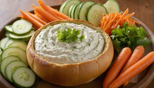 ranch dip served in a bread bowl with cucumbers and carrots on the side - Powered by Adobe