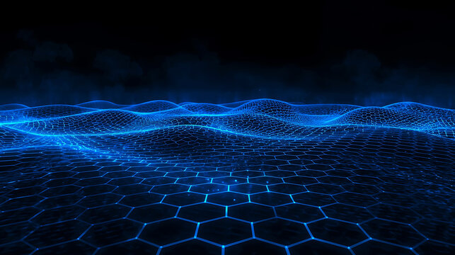 Abstract Futuristic Technology Background with Blue Light and Hexagonal Grid Network Landscape