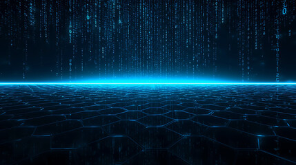 Abstract digital matrix background with falling numbers and hexagonal floor pattern technology illustration