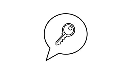 A black and white line drawing of a key inside a speech bubble shape. It's against a white background