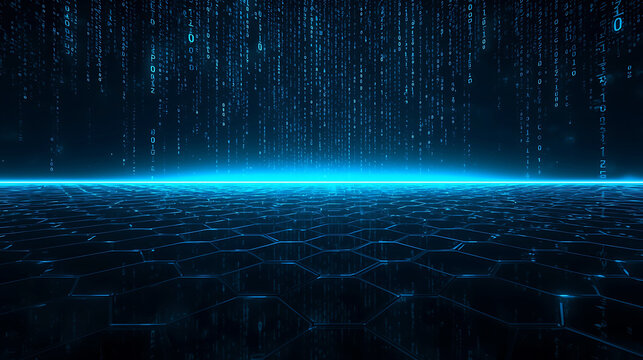 Abstract digital matrix background with falling numbers and hexagonal floor pattern technology illustration