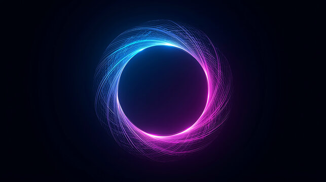 Abstract glowing circle portal with blue and pink light trails against a dark background