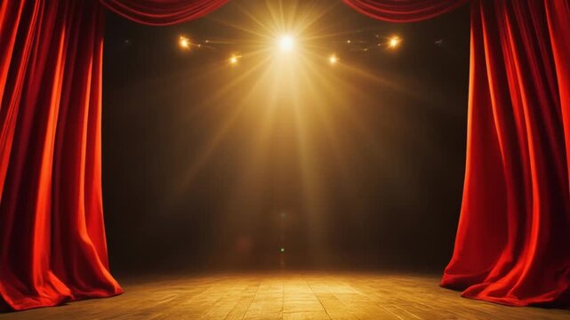 Dramatic stage setup with open red curtains and a bright spotlight shining down on a wooden floor against a dark background.