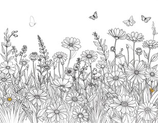 Fototapeta premium A black and white line drawing of a field of daisies, tall grass, and sprigs, with butterflies in flight
