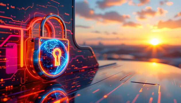 Futuristic Neon Cybersecurity Concept with Globe and Lock - Powered by Adobe