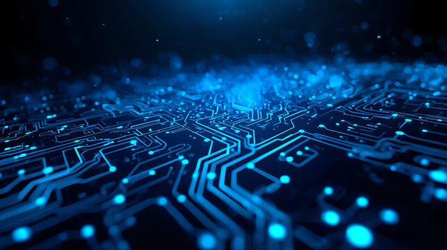 Abstract technology background with blue circuit board pattern illustrating data flow and connectivity networks with glowing nodes