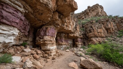 Detailed layers of red and white rock overhang a winding path in a rocky canyon
