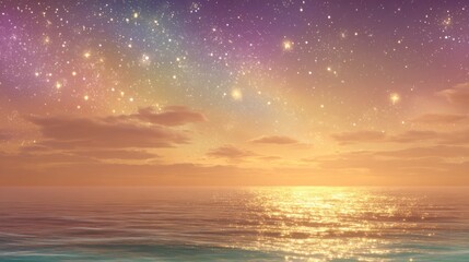 Dreamy ocean horizon at dusk with a starry, colorful gradient sky and golden glow
