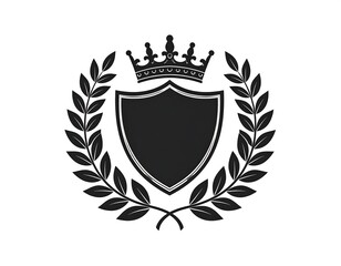 Obraz premium A black emblem features a crown atop a shield surrounded by laurel branches on a white background. It suggests honor and achievement