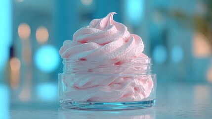 Fluffy pink whipped beauty cream in clear glass jar, soft blurred blue and white backdrop