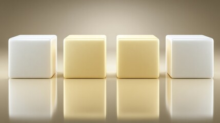Four white and golden reflective cubes in a row on a glossy surface, clean design