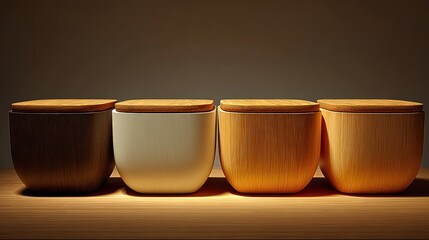 Four modern jars, varied textures, wood lids, on a wooden surface in warm light