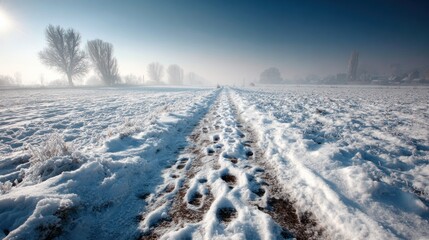Footprints mark a snow-covered path through a vast, frosty field under a hazy blue sky