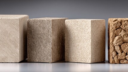Four natural textured rectangular blocks in a row displaying diverse materials
