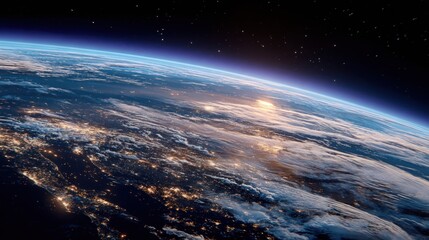 Global view of Earth from orbit, showing glowing atmosphere, city lights, and sunrise