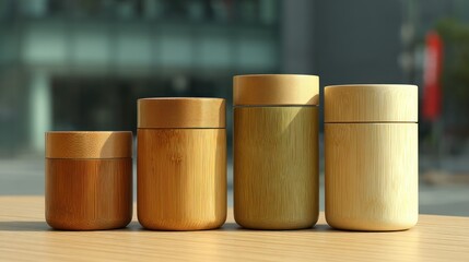 Four varying-sized natural bamboo-like cylindrical containers on a sunlit surface