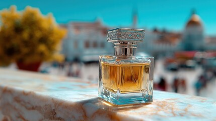 Glass perfume bottle with ornate cap on marble ledge, blurry city and tree