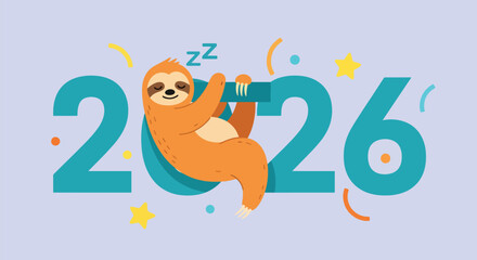 Naklejka premium Illustration of the year 2026 with a cute sloth hanging on the number 2.