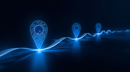 Digital GPS navigation route with glowing pin pointers on a dark blue backdrop