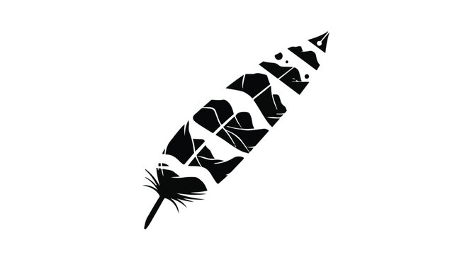 Stylized black feather with abstract white patterns against a clean background
