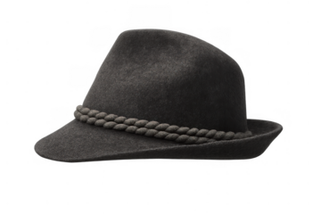 Traditional grey tyrolean hat with braided band, often worn at oktoberfest celebrations and bavarian folk festivals