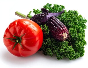 Assorted fresh produce including tomato, corn, and leafy greens