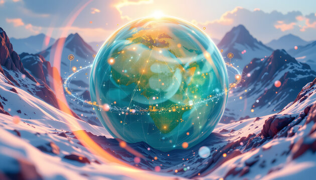 Futuristic Digital Globe with Blockchain Network and Hud - Powered by Adobe